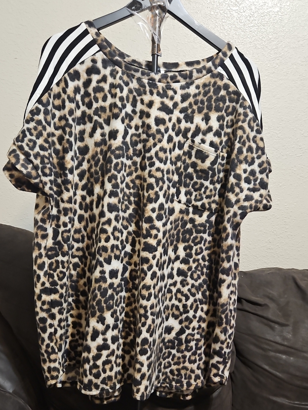 Leopard-Print Short Sleeve Tunic with Striped Shoulder Panels